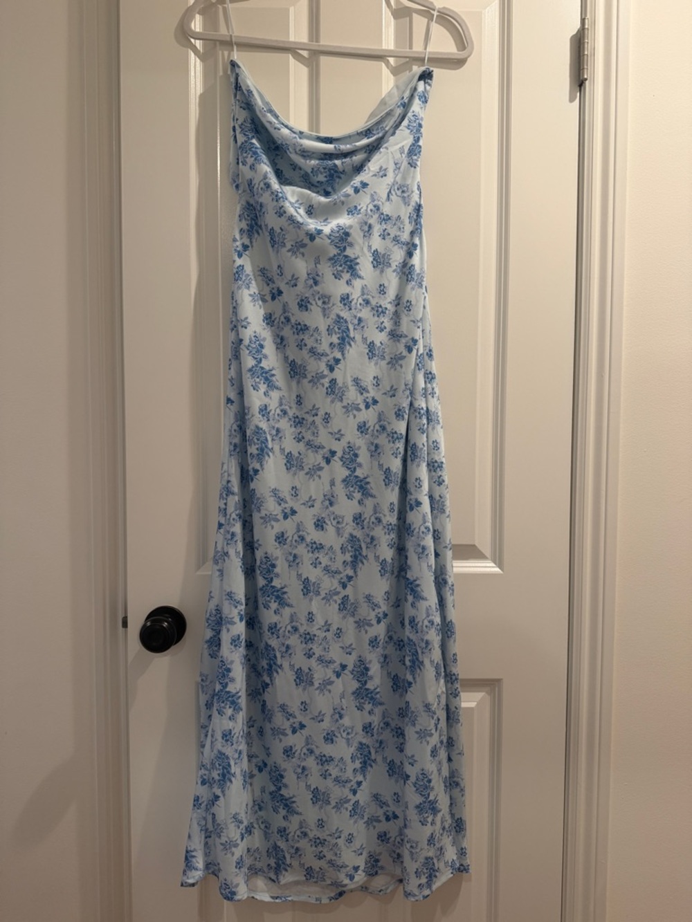 Blue Floral Maxi Slip Dress with Cowl Neckline